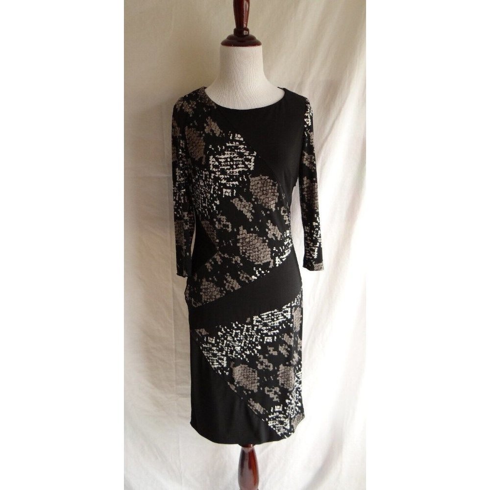 Taylor Black Grey Printed 3/4 Sleeve Jersey Career Sheath Dress - Size 2